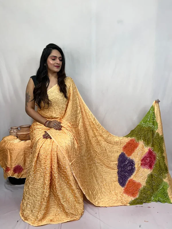 Pure Modal Silk Barik Bandhej Lagdi Pallu Bandhani Saree yellow